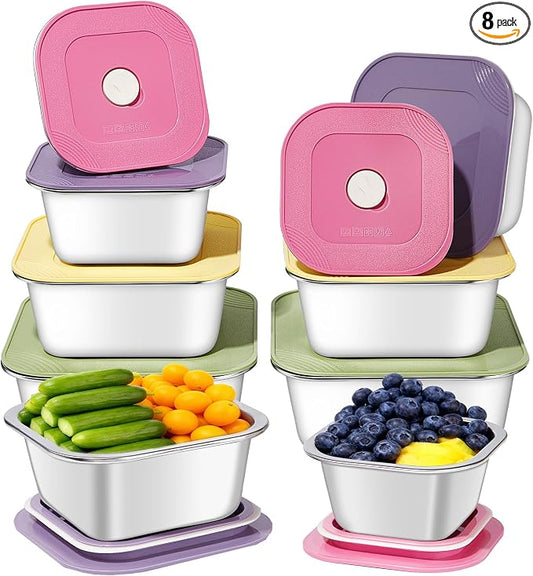 8-Piece Stainless Steel Food Storage Containers Set with 4 Colorful Lids – Airtight & Leakproof for Meal Prep, Lunch, Leftovers – BPA-Free, Dishwasher Safe – Durable Kitchen & Office Organizers by GIUOIDUO