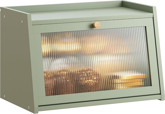 GHWIE Large Bread Box, Easy Access & Cleaning - Bamboo Bread Box for Kitchen Countertop with Acrylic Door (Green, Medium) by GHWIE