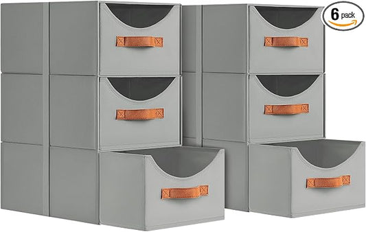 Stackable Storage Drawers - Collapsible Storage Bins with Drawers, 6 Pack Closet Shelf Organizer Basket, Fabric Pull Out Organizer for Bedroom, Living Room, Dorm, Grey by Homsorout