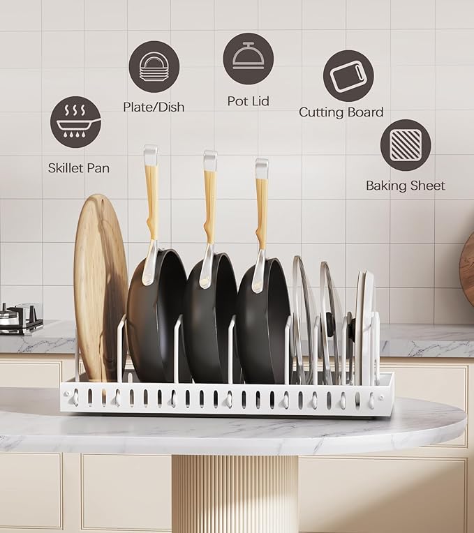 Lozovin Pull Out Pots and Pans Organizer Under Cabinet, Sliding Lid Holder and Pan Rack in Kitchen, Slide Out inside Cabinet Storage for Pot Lid, Bakeware, Dishes, 8 Adjustable Dividers, 1 Pack White - Image 6