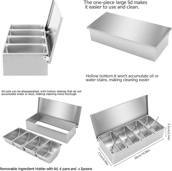 Pizza Topping Station Stainless Steel Spice Organizer Rack Condiment Caddy | Seasoning Container Removable Ingredient Holder, Pizza Oven Accessories with Lid for Grill Table Cart, Kitchen& Buffet - Image 5