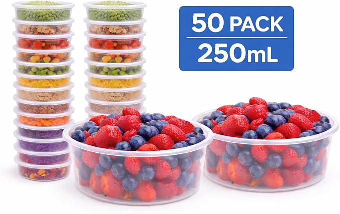 1ABOVE 50 Pack Round Plastic Food Containers with Lids – Reusable Leakproof BPA-Free Meal Prep Storage, Microwave, Freezer & Dishwasher Safe (250ML) - Image 2