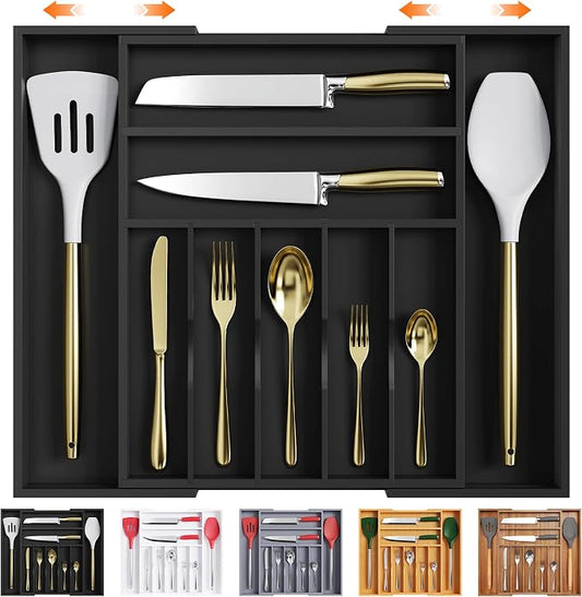 Large Premium Bamboo Silverware Organizer - Expandable Utensil Drawer Organizer - 17"x19.6" Utensil Holder and Cutlery Tray with Grooved for Kitchen Flatware and Utensils(7-9 Slot, Black) by Bellsal