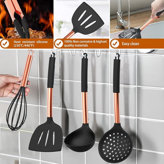 Silicone Cooking Utensil Set, Umite Chef Kitchen Utensils 15pcs Cooking Utensils Set Non-stick Silicone Rose Gold Handle Cooking Tools Whisk Kitchen Tools Set - Balck - Image 6