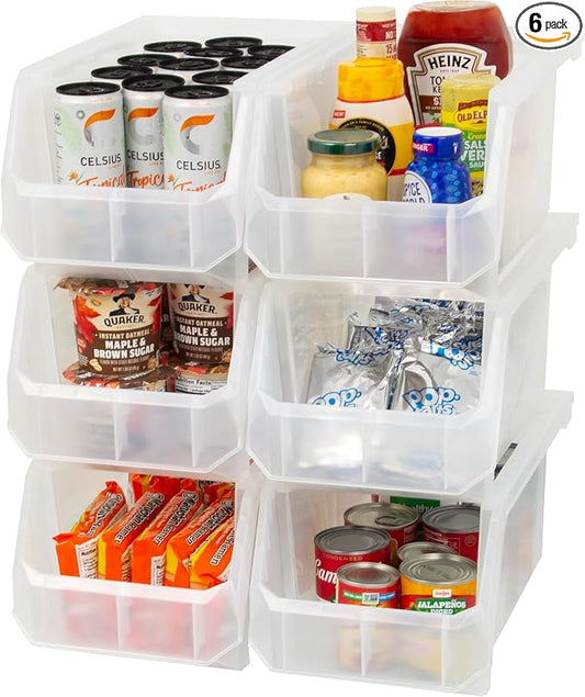 Akro-Mils ReadySpace Large Stackable Plastic Storage Bins, 6-Pack, Clear | Open-Front Stackable Bins For Garage, Pantry, Closet & Office, 14,8"L X 8"W X 7"H, Nests When Empty, Durable Plastic, by Akro-Mils