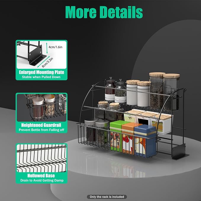 3-Tier Pull Down Spice Rack,Large Capacity Kitchen Storage Shelf Organizer Heightened Guardrail & Enlarged Mounting Plate for Cabinet/Pantry Holds Seasoning Jars Bottles Shakers Retractable Organizer - Image 7