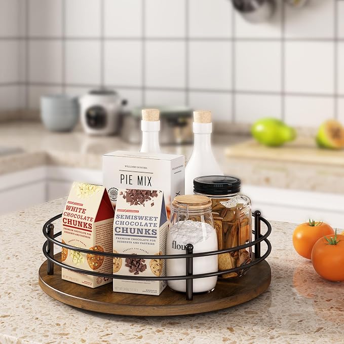 12" Lazy Susan Turntable Organizer,Round Wooden Lazy Susan Organization and Rotating Spice Rack for Dining Table,Pantry,Kitchen Countertop,Vanity,Cupboard and More. (Heightened Version,Round) - Image 7