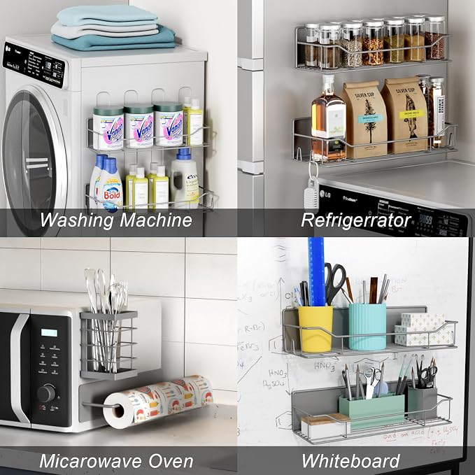 Magnetic Spice Rack for Refrigerator,8 Pack Magnetic Fridge Shelf, Moveable Spice Organizer with Hook Rack, Paper Towel Holder, Utensil Holder,cup lid holder, Super Magnetic Rack Set (Grey) - Image 7