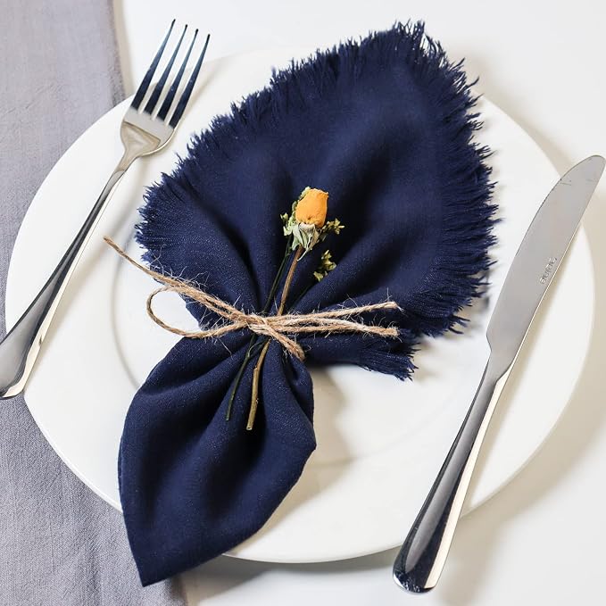 Handmade Cloth Napkins with Fringe,18 x 18 Inches Cotton Linen Napkins Set of 6 Versatile Handmade Square Rustic Fringe Napkins for Dinner, Wedding and Parties, Navy Blue by Dololoo