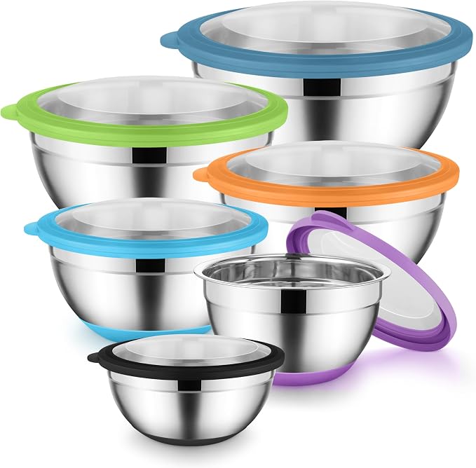 Onader Colorful Mixing Bowl Set of 6 for Kitchen, Large Stainless Steel Metal Nesting Mixing Bowls with Airtight Lids, Non Slip - Size 0.7, 1, 1.5, 2, 2.6, 4.6QT by Onader