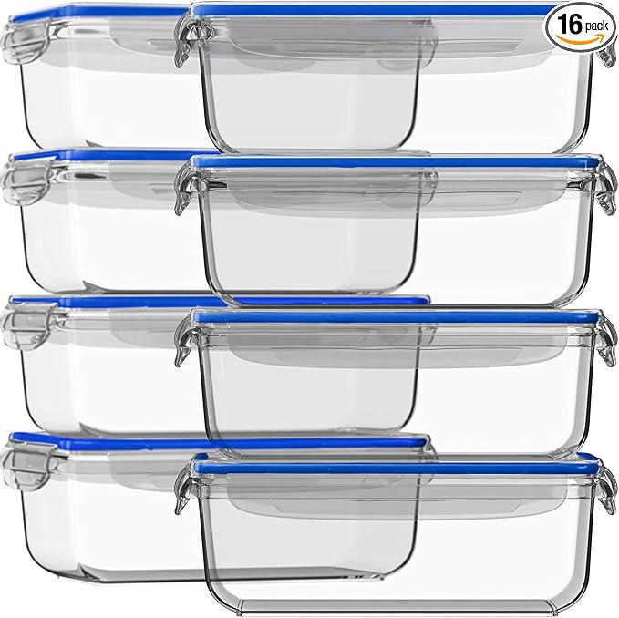Razab 16 Pc (Set of 8) 30 Oz Glass Meal Prep Containers with Lids, Airtight Large Glass Food Storage Containers, Reusable Leak Proof BPA Free, Freezer to Oven and Dishwasher Safe by RazabHomeGoods