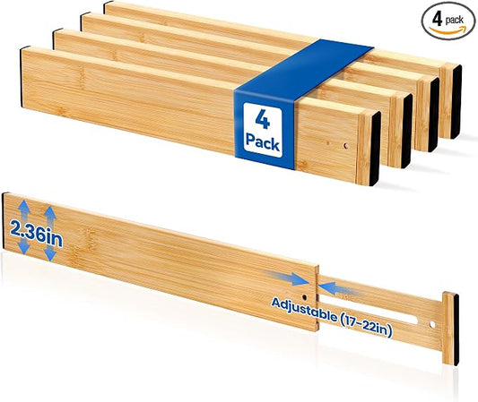 4 Pack 2.36" Bamboo Drawer Dividers, 17-22" Expandable Kitchen Organizers | Adjustable Spring-Loaded Tension Separators with Foam Pad for Clothes, Utensils, Kitchen, Dresser, Nursery & Bathroom by LeaforyHome