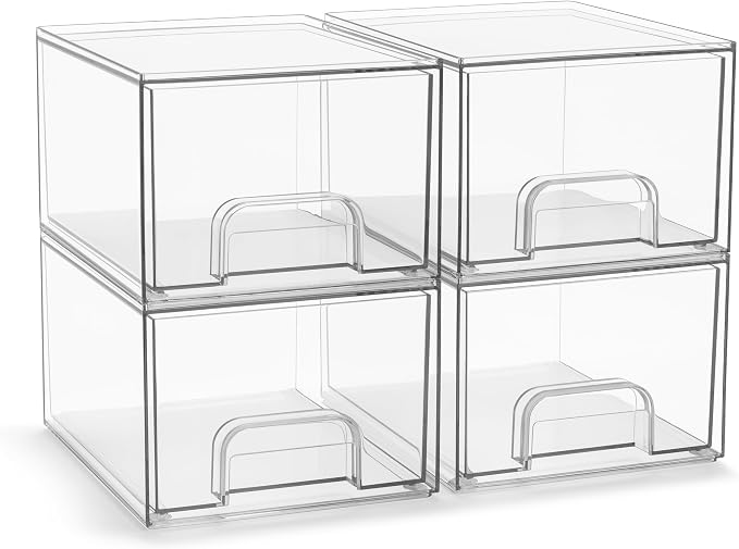 Sorbus Acrylic Storage Containers - 4 Pack, Stackable Storage Bins Set for Bathroom Organization - Clear Acrylic Drawer Organizers - Makeup Case Pull-Out Drawers (4.4’’ Tall) by Sorbus