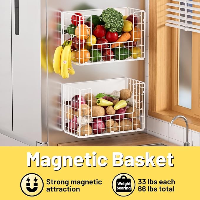 Magnetic Fridge Shelf, Fruit Potato & Onion Storage Bins, Pantry Organizers, Large Container Basket for Refrigerator, Kitchen Counter, Cabinet (1, White) - Image 2