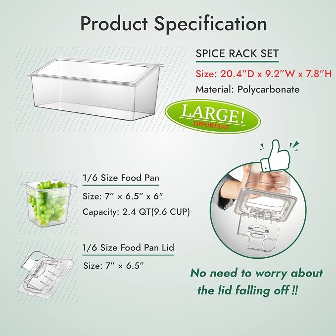 Commercial Spice Rack Set, NSF Certified, Polycarbonate Inclined Organizer Shelf with 3 1/6 6" Pan(9.6 Cup), Countertop Holder for Seasoning Topping, Freezer Safe - Image 3