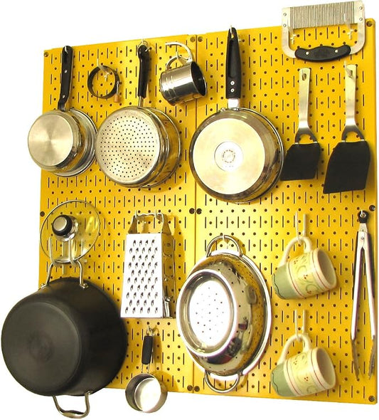 Wall Control Kitchen Pegboard Organizer Pots and Pans Storage Rack Organization Kit with Yellow Pegboard and White Accessories by Wall+Control