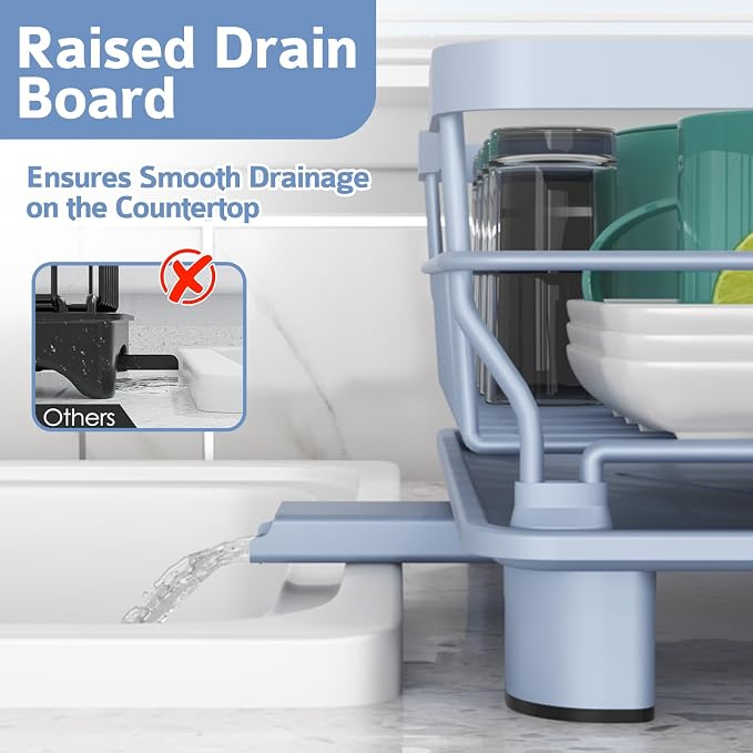 Dish Drying Rack - Space Saving Dish Rack - Dish Racks for Kitchen Counter with Drainboard,Rustproof Dish Drainer with Removable Utensil Holder,Blue - Image 4