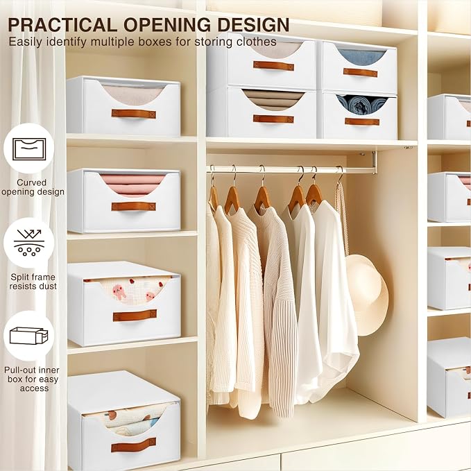Stackable Storage Drawers - Collapsible Storage Bins with Drawers, 8 Pack Closet Shelf Organizer Basket, Fabric Pull Out Organizer for Bedroom, Living Room, Dorm, White - Image 5