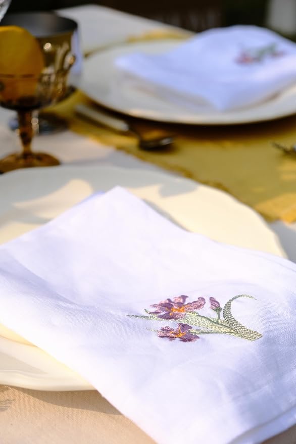 White Linen Napkins Set of 4-100% Pure Linen Embroidered Dinner Napkins 19 x 19 Inch for Spring, Summer Memorial Day - Botanical Embroidery (Lily Garden Collection) (Iris Garden Collection) - Image 8