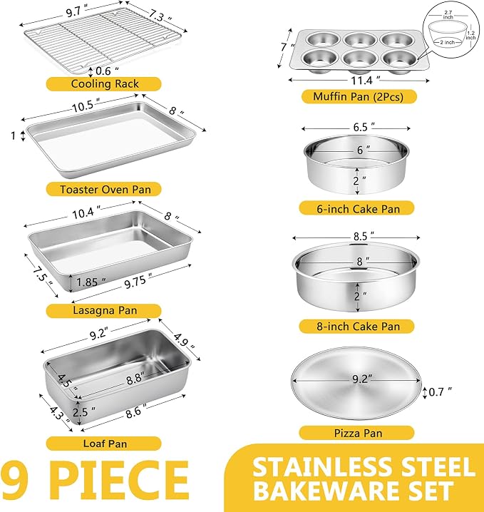 P&P CHEF 9 PCS Baking Pans Sheets, Stainless Steel Bakeware Set for Cooking | Including Toaster Oven Pan/Cooling Rack/Lasagna Pan/Round Cake Pans/Muffin/Loaf/Pizza Pan, Healthy & Dishwasher Safe - Image 2