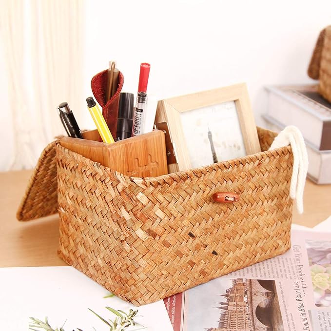 FEILANDUO Shelf Baskets with Lid Set of 3 Handwoven Seagrass Storage Box Wicker Basket Desktop Makeup Organizer Multipurpose Container (Original (S/M/L) - Image 5