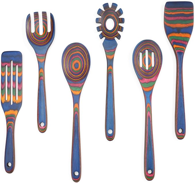 6-Piece Pakkawood Kitchen Utensils | Heat Resistant Wood Kitchen Utensils | Pakkawood Kitchen Cooking Utensil Set | Wooden Spoons for Cooking | Non-Sitck Cooking Spoons | Sapphire by CokkaPraca