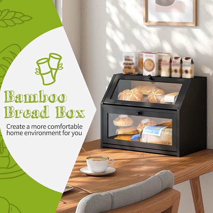 BMOSU Farmhouse Bread Box for Kitchen Countertop Bread box Double Layer Bamboo Wooden Extra Large Capacity Bin Kitchen Food Storage Container(Black) - Image 2