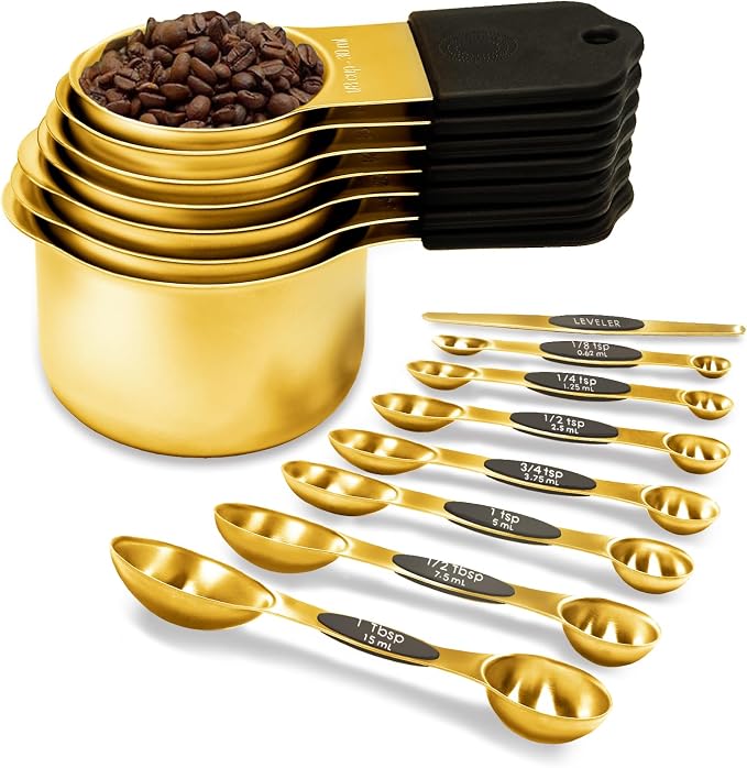 Magnetic Measuring Cups and Spoons Set, Including 7 Stainless Steel Nesting Gold Measuring Cups & 8 Magnetic Gold Measuring Spoons with 1 Leveler for Cooking & Baking by LIFETOWE