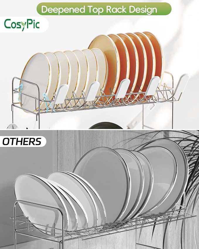 2 Tier Dish Drying Rack, Thicker Premium 304 Stainless Steel Dish Racks for Kitchen Counter, Automatic Drainage Spout, Dish Drainer & Drainboard Set with Utensil Holder and Cup Holder, White - Image 3