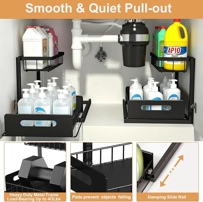 2 Pack Under Sink Organizer, Height Adjustable Pull Out Cabinet Shelf, Heavy Duty Metal Sliding Drawer, Rust-Resistant Storage for Kitchen Bathroom Pantry, Fits Tall Bottles & Plumbing P-Traps - Image 7