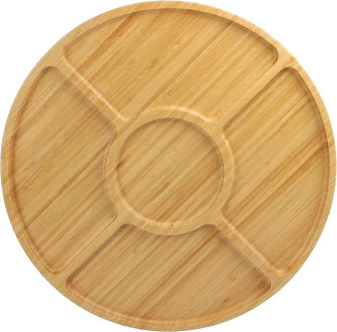 BambooMN Natural 15" Bamboo Round 5 Compartment Serving Tray/Platter, Charcuterie Board, Perfect for Snacks, Party Platter, Appetizers - 1 Tray - Image 2