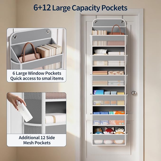 Yecaye 6 Tier Over the Door Organizer, 52.8lbs Capacity Door Organizer Hanging with 12 Mesh Pockets, Behind the Door Storage for Closet Baby Nursery Bathroom Bedroom,and Dorm,1Pc - Image 2
