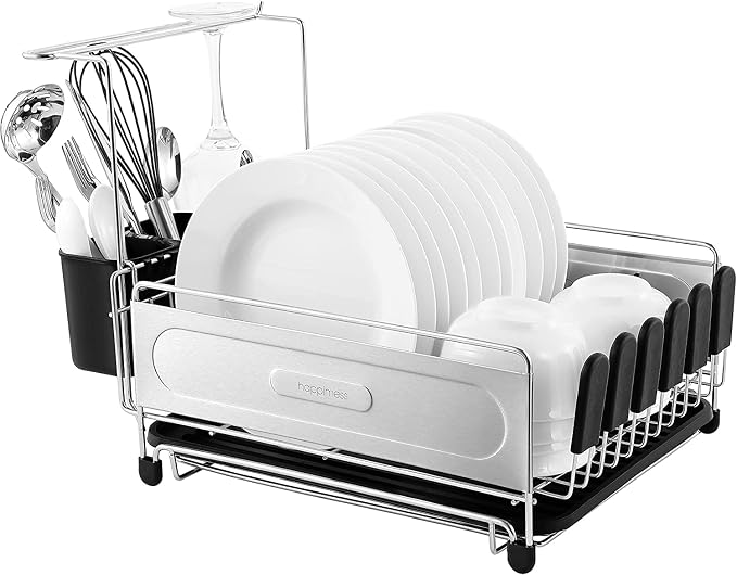 happimess Dish Drying Rack Compact Stainless Steel, 17.25", Silver/Black | Fingerprint-Proof, Wine Glass Holder, Detachable Utensil Caddy, Drainboard, Non-Slip Feet, Modern Contemporary Style - Image 12