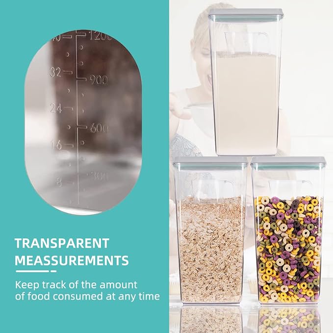 Airtight Pop Cereal Container, 3300ml Each Large Cereal Containers with Scoops Food Storage Canister Dispenser Perfect For Cereal Flour Spaghetti Rice Kitchen Organizing 3.5qt - Image 3