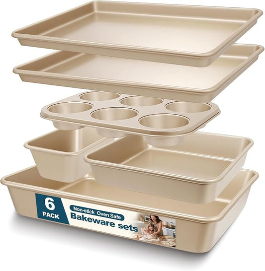 Baking Pans Set, Nonstick Stackable Bakeware Sets, Oven Pans for Cooking, AIVIKI 6 Pieces Baking Sheets Set Including Cookie Sheet, Deep Roaster Pan, Square Pan, Loaf Pan, Muffin Pan, Carbon Steel by AIVIKI