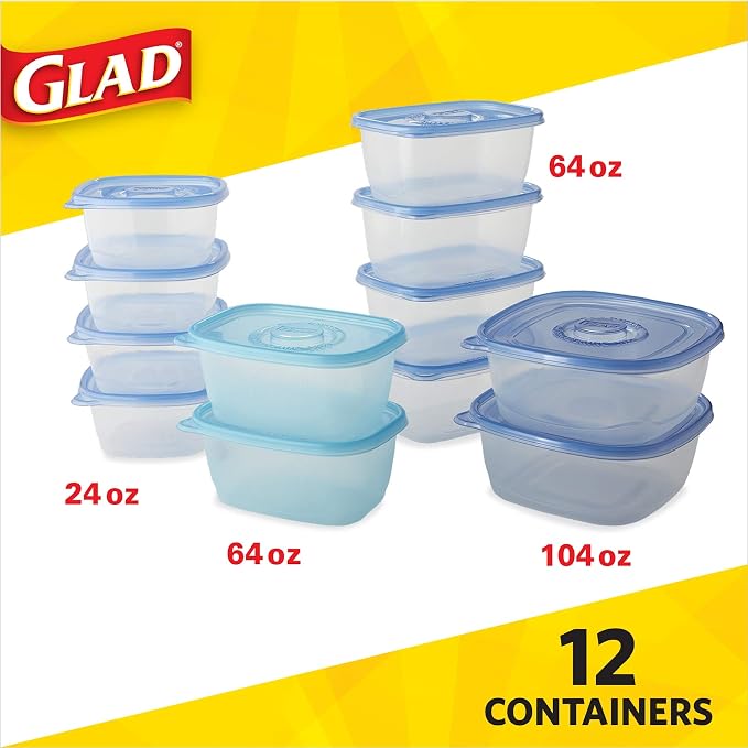 Glad GladWare Food Storage Containers Family Variety Pack, BPA-Free Plastic Containers and Lids with Lock Tight Seal for Leftovers, Lunches, Meal Prep, Freezer Storage, 24-Piece Set | BPA-free plastic containers and lids, lock-tight seal, for leftovers... - Image 2
