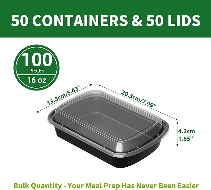 16oz Meal Prep Containers, 50 Pack Disposable Food Storage Boxes with Lids | Small, Single Compartment, Leakproof Lids, BPA Free, Microwave Freezer Safe, Plastic To Go Bento Boxes for Lunch Takeout - Image 2