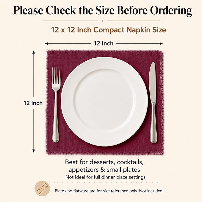 36 Pack Burgundy Cloth Napkins, 12 x 12 Inch Cotton with Fringe Settings | Handmade washable reusable cotton dinner napkins in bulk for weddings, parties, rustic boho table settings - Image 2