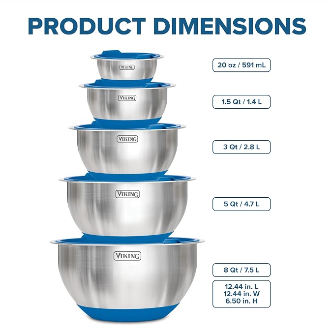 Viking Mixing Bowls Set, 10 Piece Stainless Steel Kitchen Cookware, Non-Slip Silicone Base, Includes Tight Fit Lids, Dishwasher Safe, Blue - Image 5