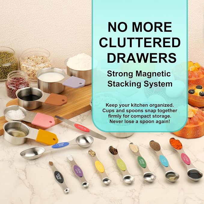 Magnetic Measuring Cups and Spoons Set of 16, 7 Stainless Steel Measuring Cups, 8 Double-Sided Measuring Spoons with 1 Leveler, Color Coded Handles, Dual Markings for Dry and Liquid Ingredients - Image 5