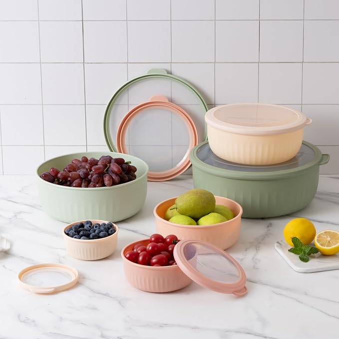 COOK WITH COLOR Prep Bowls with Lids- Wide and Deep Nesting Plastic Small Mixing Bowl Set with Lids, 12 Piece Set - Wide Bowls, Mint/Pink - Image 5