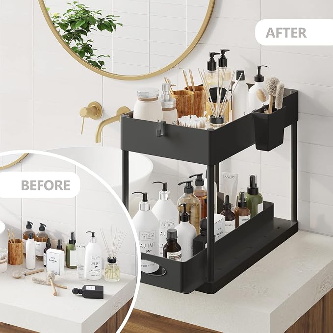 Under Sink Organizers and Storage, Bathroom Cabinet Organizer, Sink Shelf with Utility Hooks and Side Caddy for Under Cabinet Storage | Under Kitchen Sink Organizer with Sliding Drawer, Black (1-Pack) - Image 6