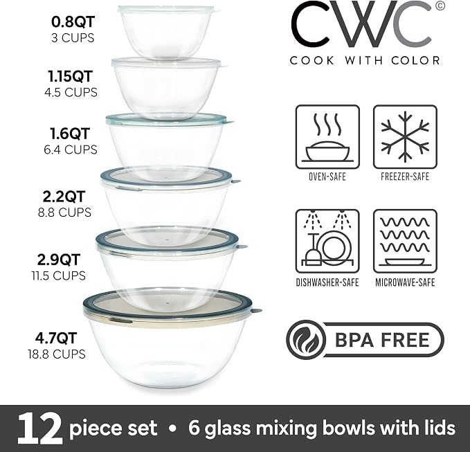 COOK WITH COLOR 12 Pc Glass Mixing Bowl Set with Lids – Borosilicate Glass Nesting Bowls for Cooking, Baking and Meal Prep, Gray - Image 2