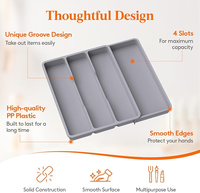 Lifewit Utensil Organizer for Kitchen Drawer, Expandable Cooking Silverware Tray, Adjustable Cutlery Flatware Holder, Plastic Spatula Tools Storage Divider, 17.3 x 15.8", Gray - Image 6