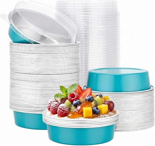 Beasea Aluminum Cupcake Pans With Lids 100 Pack, 7.3oz Disposable Baking Cups, 215ml Aluminum Foil Pie Tart Pans Tins Round Mini Oven Dish For Cake Tart Quiche Individual Dessert - Blue Green by Beasea