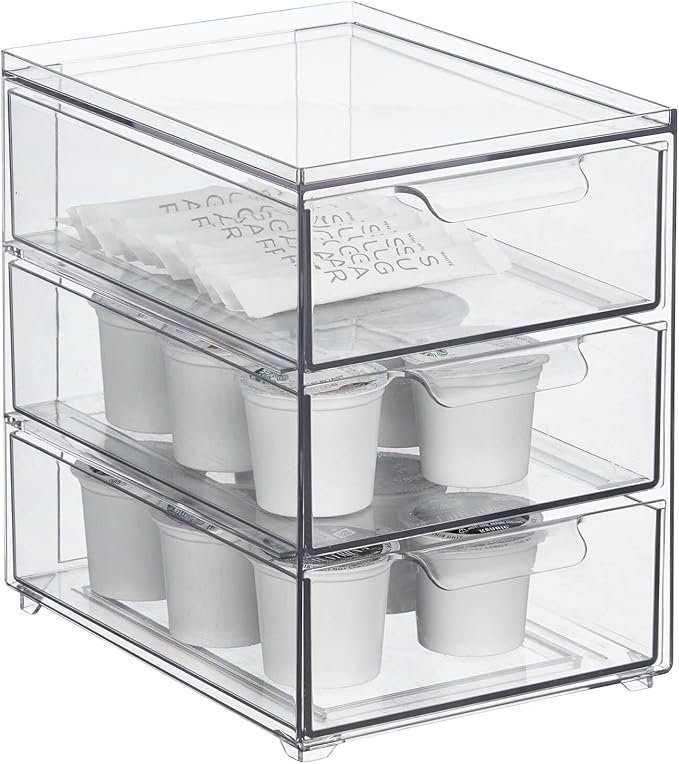 mDesign Plastic Stackable 3-Drawer Kitchen Storage Organizer - Bin with Divided Pull-Out Drawers for Pantry, Shelf, Fridge/Refrigerator, and Freezer Organization - Lumiere Collection - Clear - Image 7