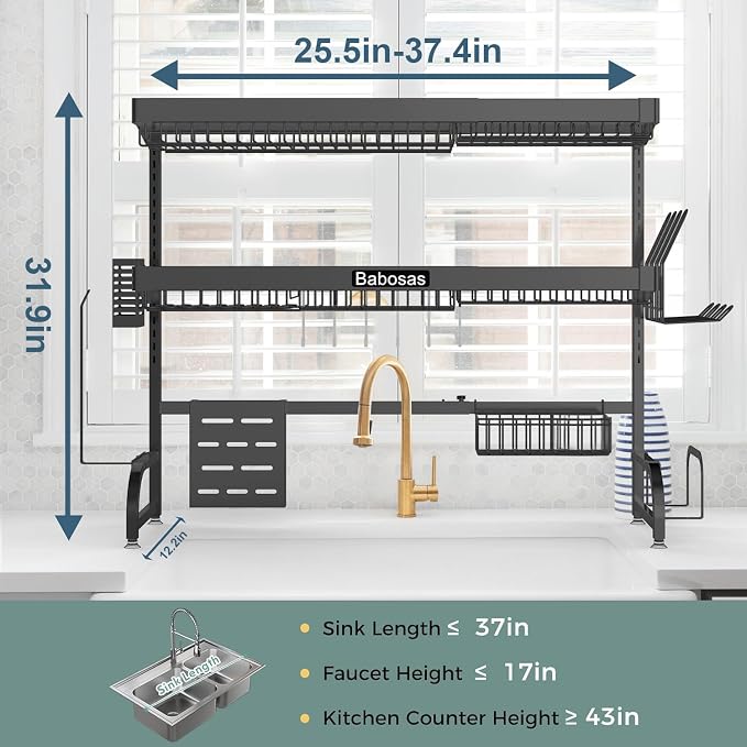 Over The Sink Dish Drying Rack,3 Tier Adjustable Length (25.5'' to 37.4'') Full Stainless Steel Large Storage Kitchen Dish Rack,for Kitchen Counter,Expandable Multifunctional Organizers,Black - Image 6