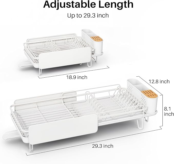 SNTD Large Dish Drying Rack for Kitchen Counter, Expandable, White | Stainless Steel Dish Drainer, Adjustable Length 18.9''-29.3'', Automatic Drainage, 360° Spout, Cutlery Holder with Knife Slot - Image 2