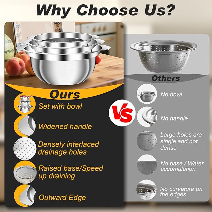 Colander, Stainless Steel Colander with Mixing Bowls (3.5QT), 3Pcs Strainer for Kitchen Gadget Food Strainer Basket with Handle, Colanders Bowl for Pasta Noodles Spaghetti Vegetables Fruit (3.5+3+2QT) - Image 4