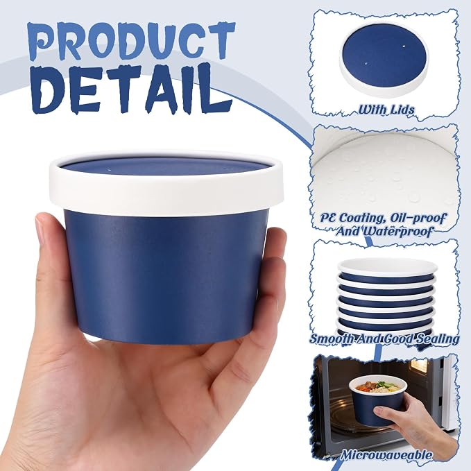 Fulmoon 100 Pack Paper Soup Containers with Lids Disposable Paper Food Containers with Vented Lid Kraft Ice Cream Cake Dessert Cups Soup Bowl for Party Hot Food Fruit Microwave(8 oz,Navy Blue) - Image 3